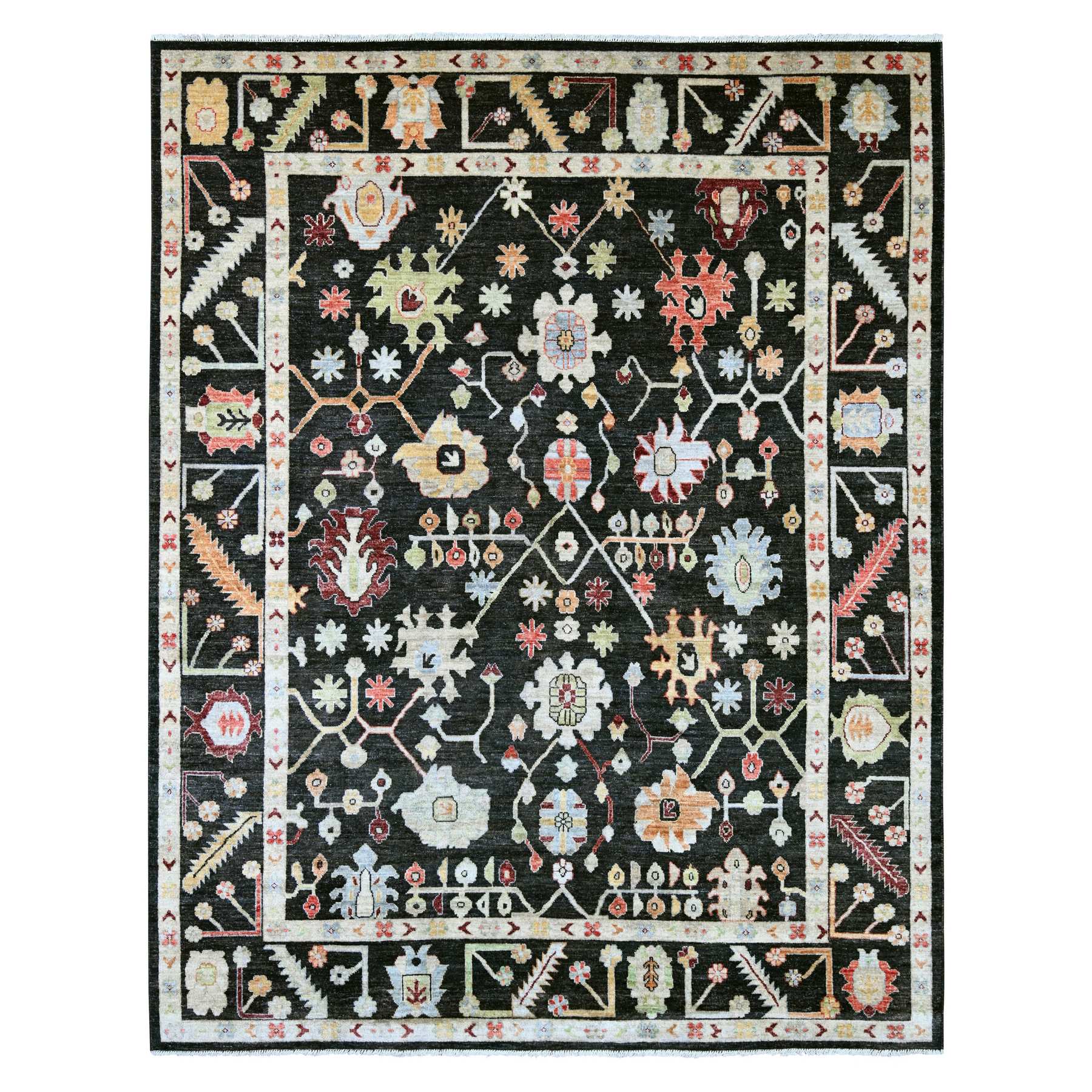 9'1"x11'7" Charcoal Black, Hand Knotted, Afghan Angora Oushak with Colorful Leaf Design, 100% Wool, Vegetable Dyes, Oriental Rug 